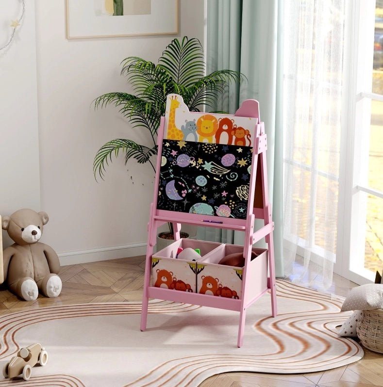 Cavalletto per bambini ULEVR 49x53,5x113 cm con lavagna e lavagna bianca, 2 contenitori, rosa