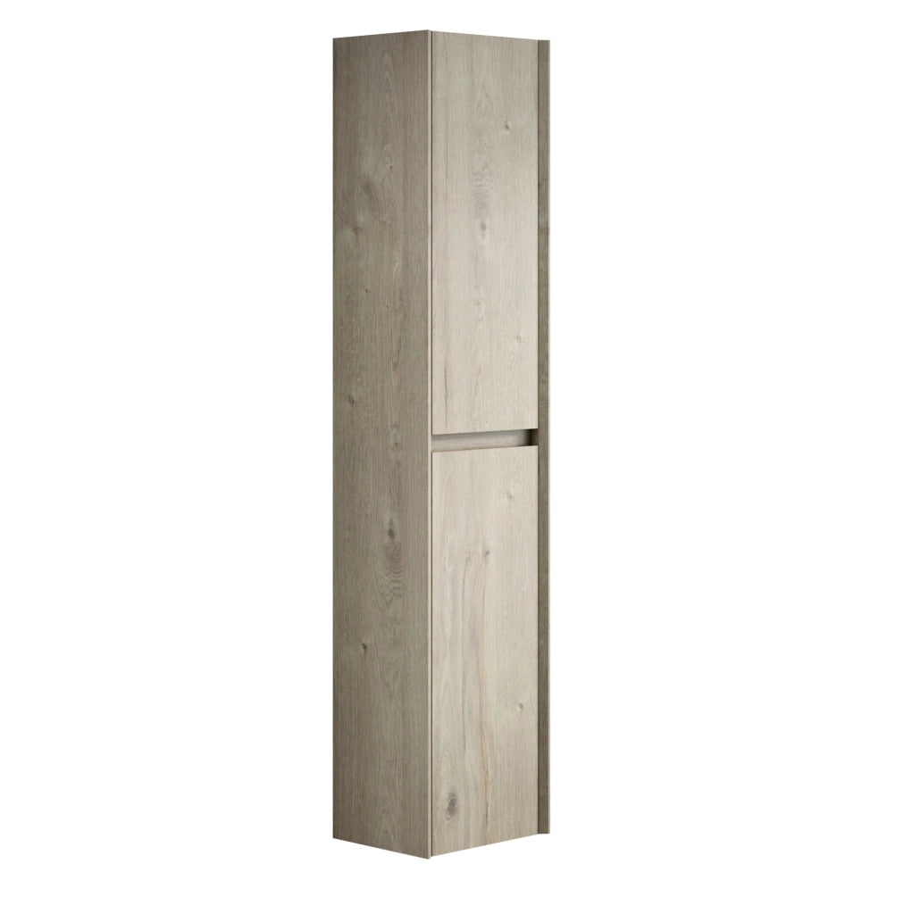Mobiletto da bagno alto 140 cm con 2 ante, armadietto sottile in legno impiallacciato color crema effetto quercia per spazi piccoli