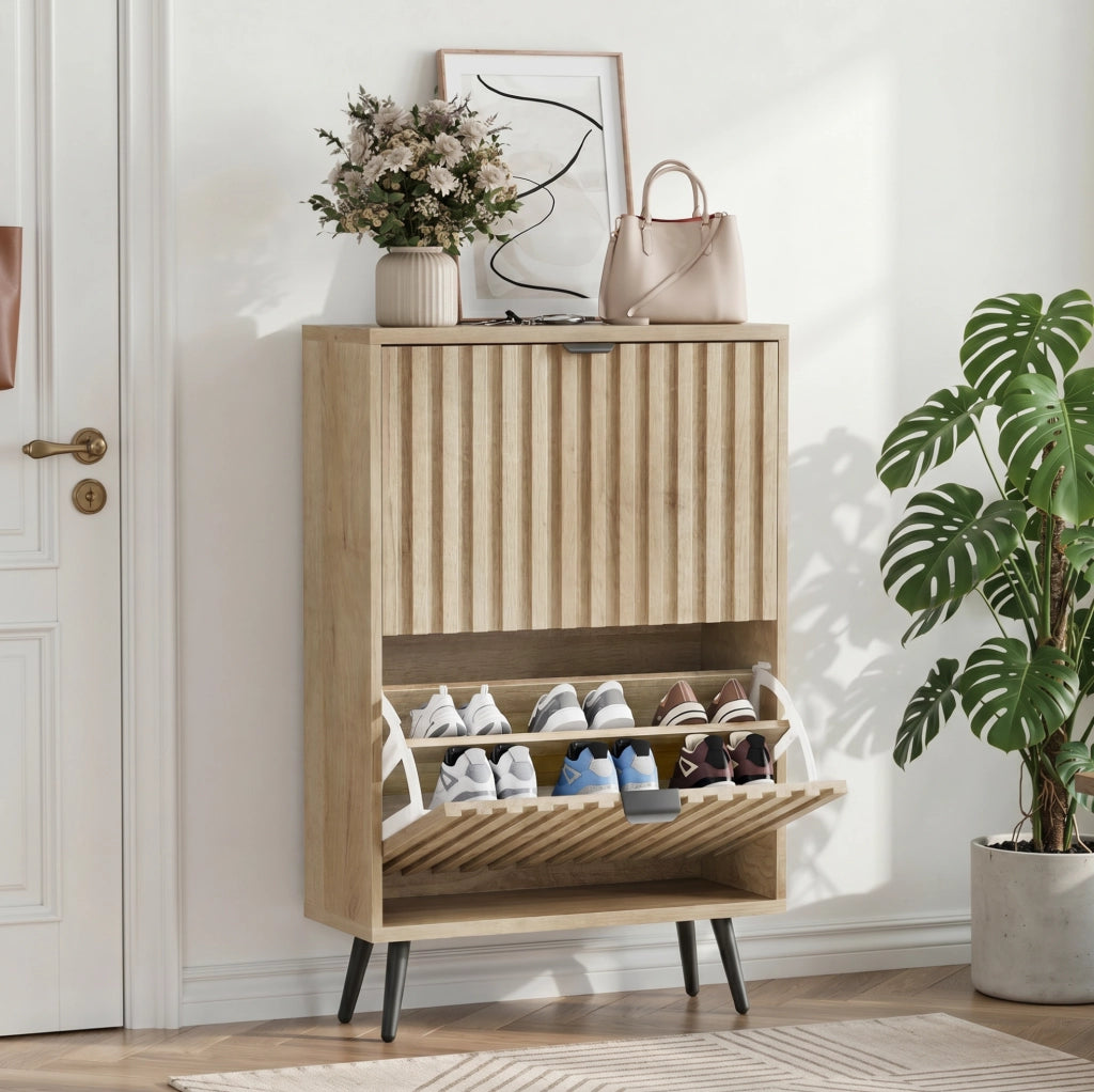 Scarpiera con 2 vani a ribalta in MDF e truciolare colore rovere