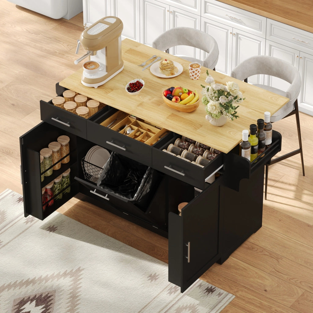 Mobile da cucina con 3 cassetti; vano pattumiera e presa con 2 AC e 2 USB in MDF nero e naturale