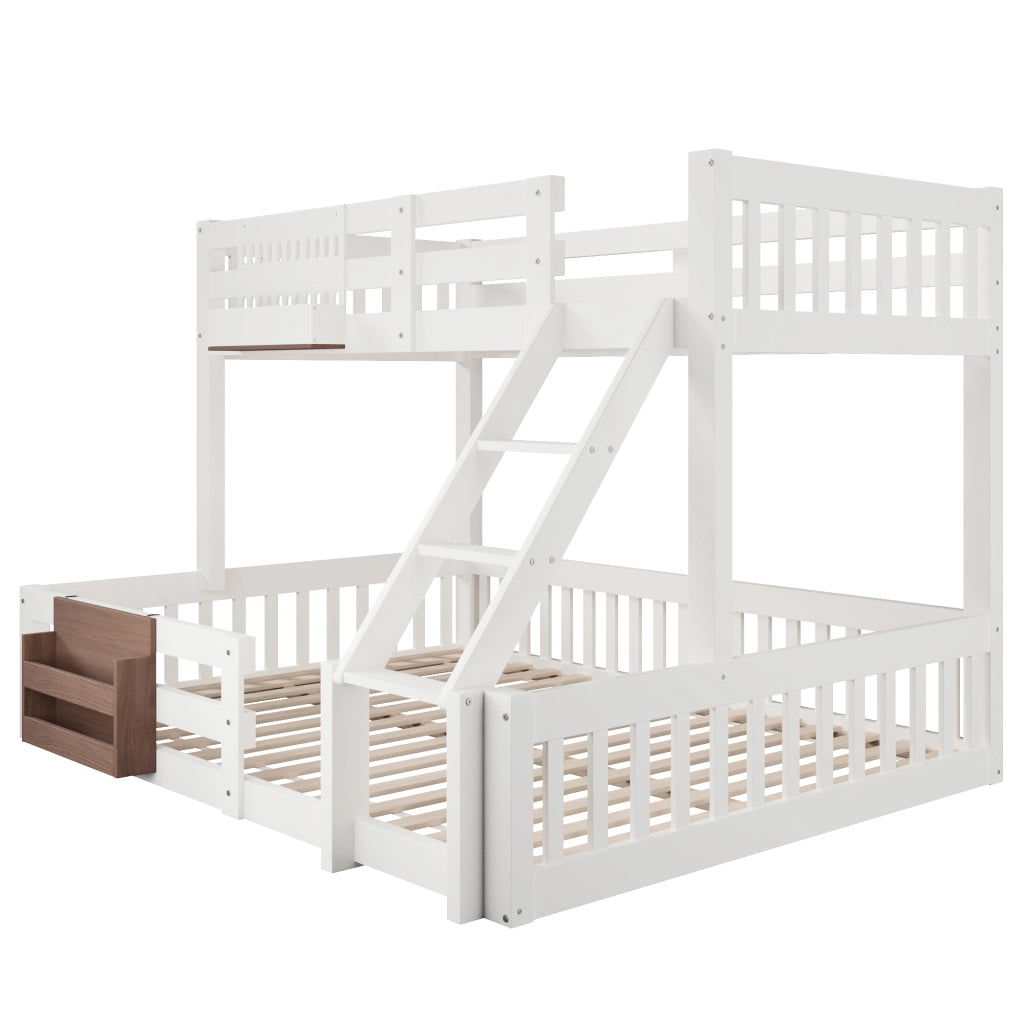 Letto a castello 3 posti 90 x 200 e 140 x 200 cm con contenitori e scaletta, letto per bambini bianco in pino, MDF e metallo con sponde di sicurezza