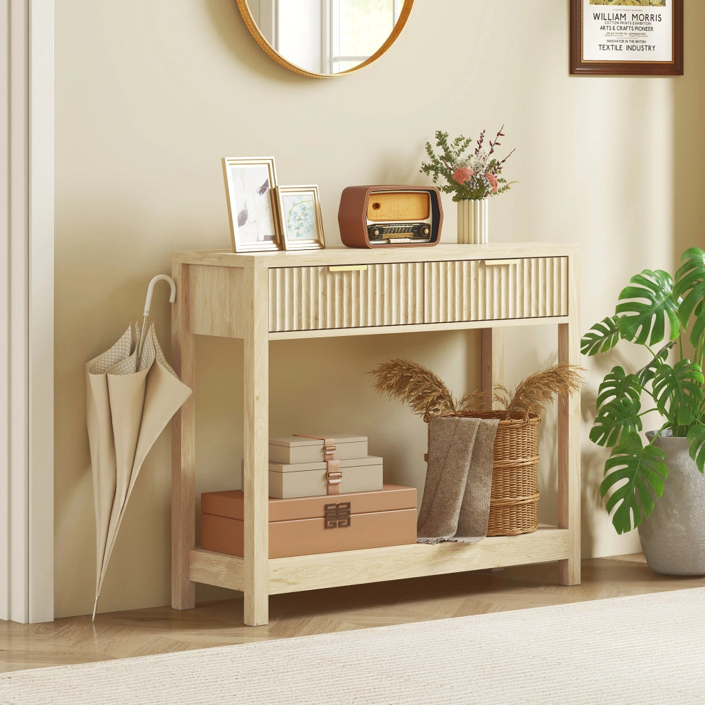 Tavolo console ¨C Minimal ¨C 90 cm, legno naturale, 2 cassetti, ripiano