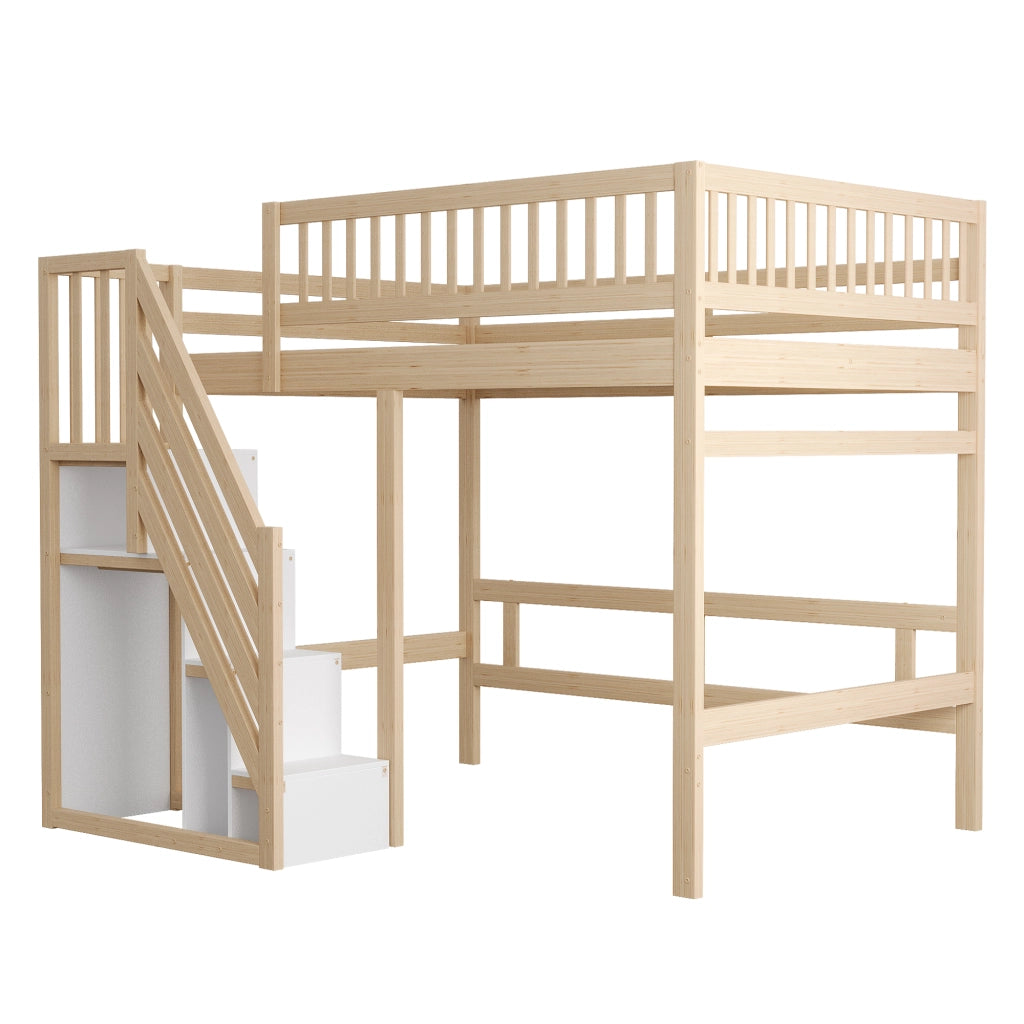Letto a soppalco 140 × 200 cm con scala contenitore e barriera alta in legno colore naturale
