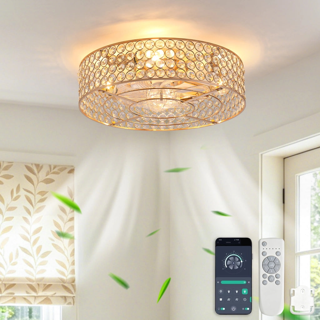 Lampada ventilatore da soffitto con cristalli dorati; pale ABS e controllo tramite app e telecomando