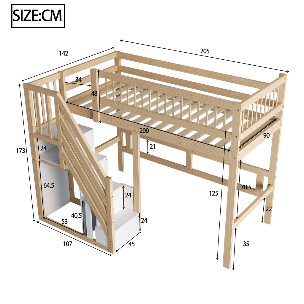 Letto a soppalco 90 × 200 cm con scala contenitore e sponde alte in legno colore naturale