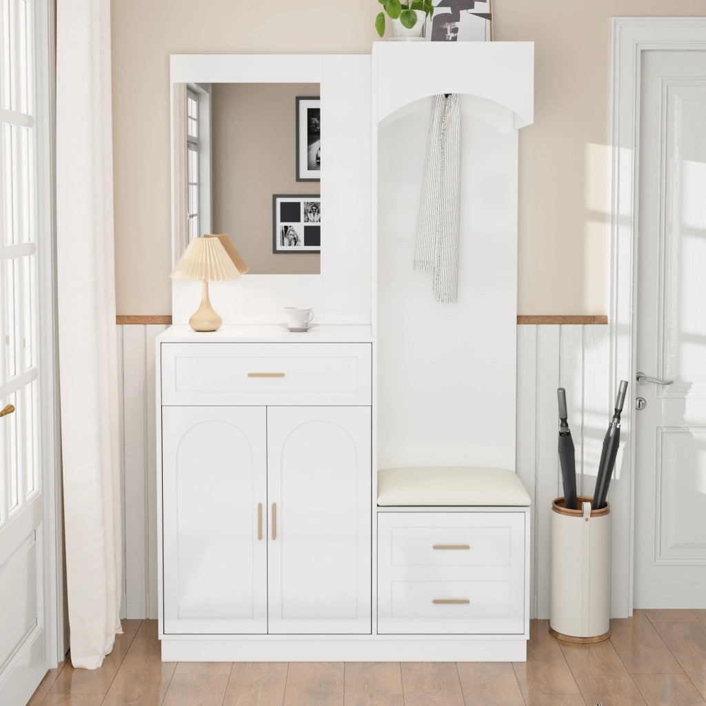 Set di mobili da ingresso con guardaroba scarpiera specchio e panca ripiani regolabili bianco 110 × 33 × 185.5 cm