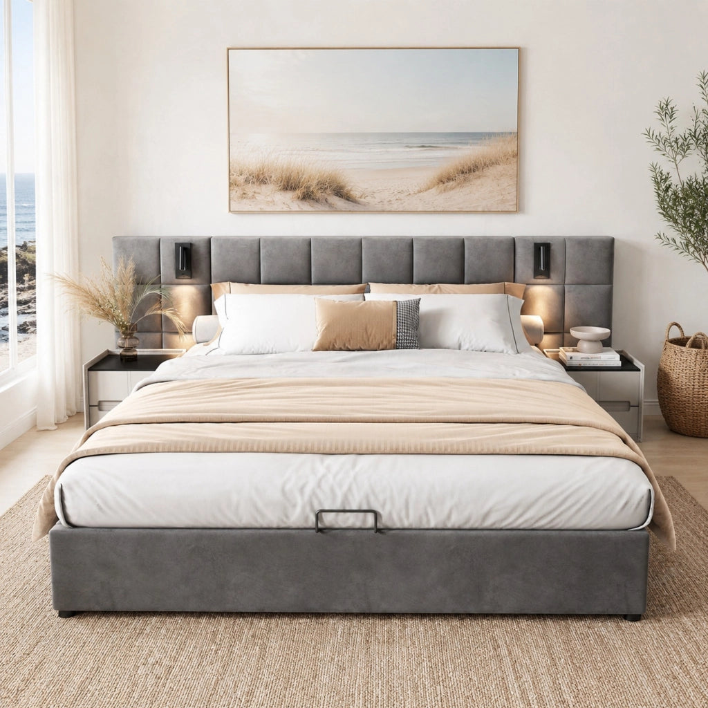 Letto imbottito con contenitore, luce orientabile e USB 160 x 200 cm grigio