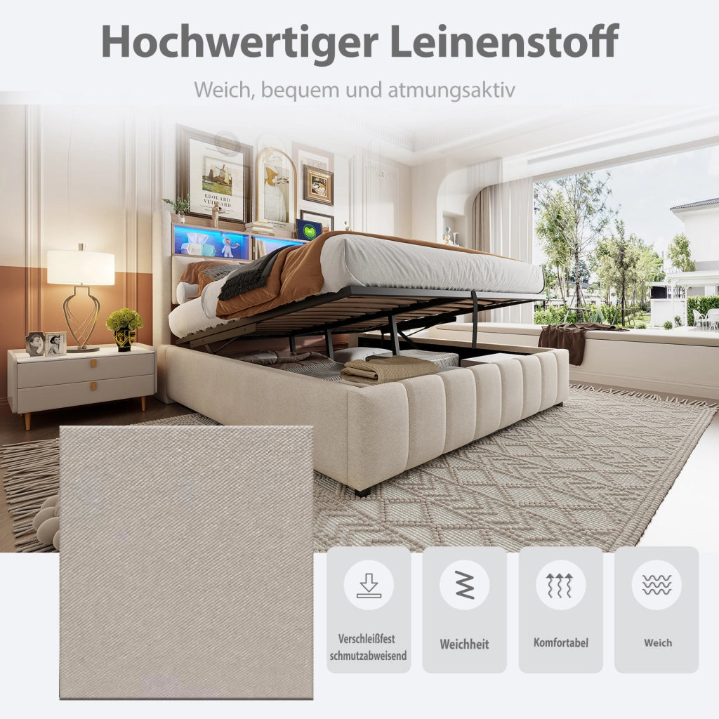 Letto matrimoniale imbottito 180 × 200 cm contenitore con LED USB e type C in tessuto di lino beige