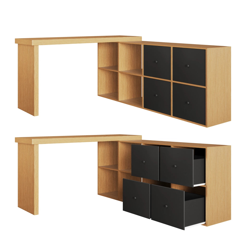 Scrivania girevole 360° in MDF nero e rovere; con 4 vani e 4 cassetti