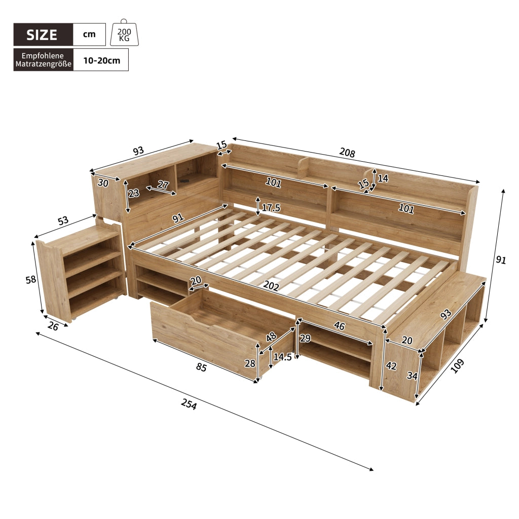 Letto per bambini 90x200 cm con cassetto; librerie e armadi contenitore; rete a doghe; compensato naturale