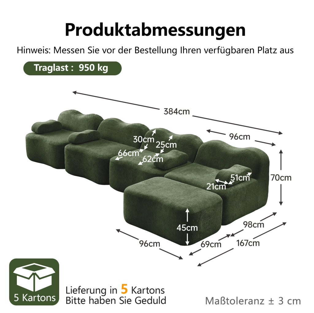 Divano angolare modulare 4 posti con pouf 384x167x70 cm in velluto verde