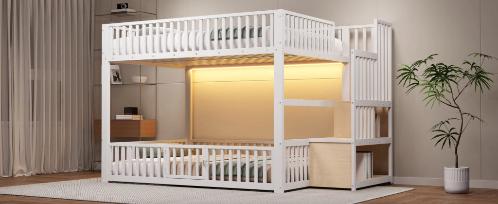 Letto a castello 140x200 con scala contenitore e illuminazione LED, colore bianco