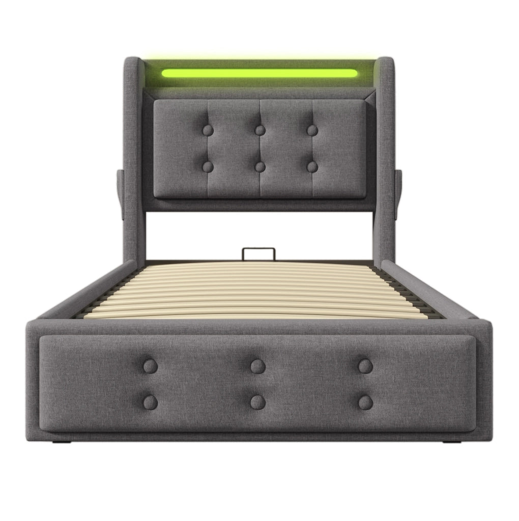 Letto singolo imbottito 90x200 cm con testiera in pelle, funzione di ricarica USB-C, struttura in legno e metallo, portata 150 kg, grigio
