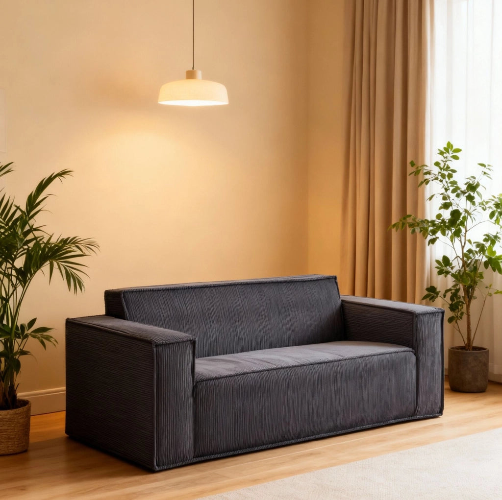 Divano 2 posti 178x86x70 cm in velluto a coste grigio, seduta profonda