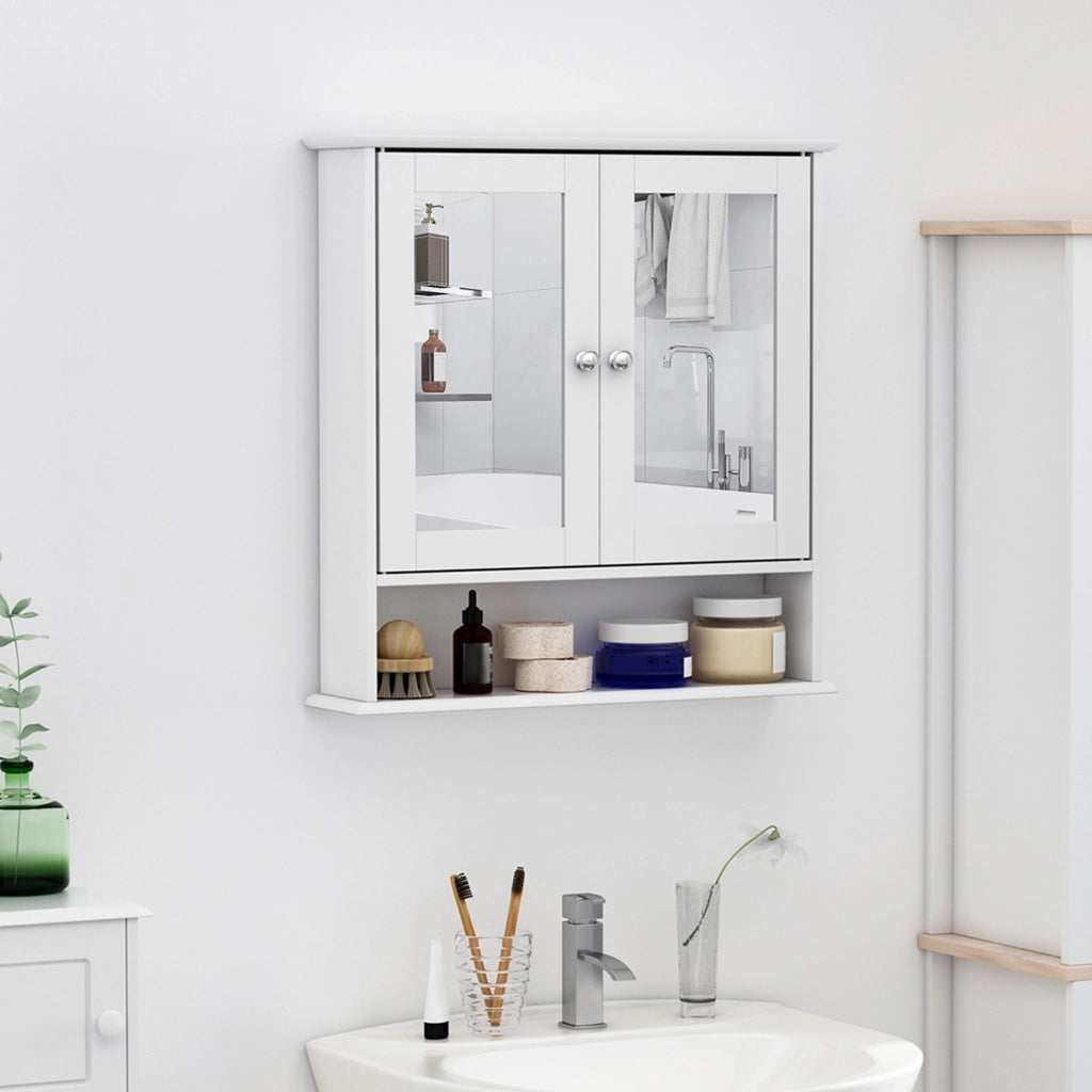 Specchio Bagno Contenitore con Ante e Ripiani Regolabili, Specchiera Bagno in Vetro, Mobiletto Armadietto a Muro con Specchio, 56x13x58cm, Bianco