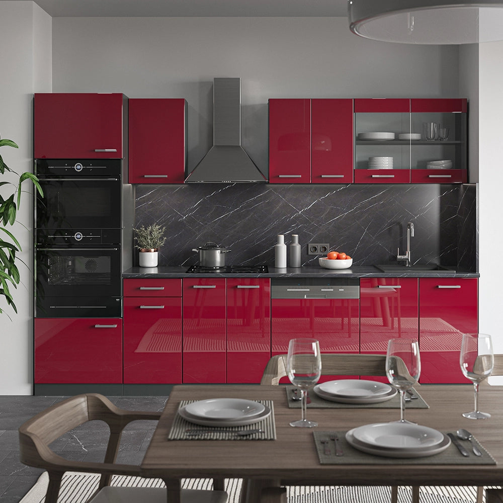 Vicco Cucina componibile Rosso lucido/antracite 300 cm con armadio alto, PL Marmo