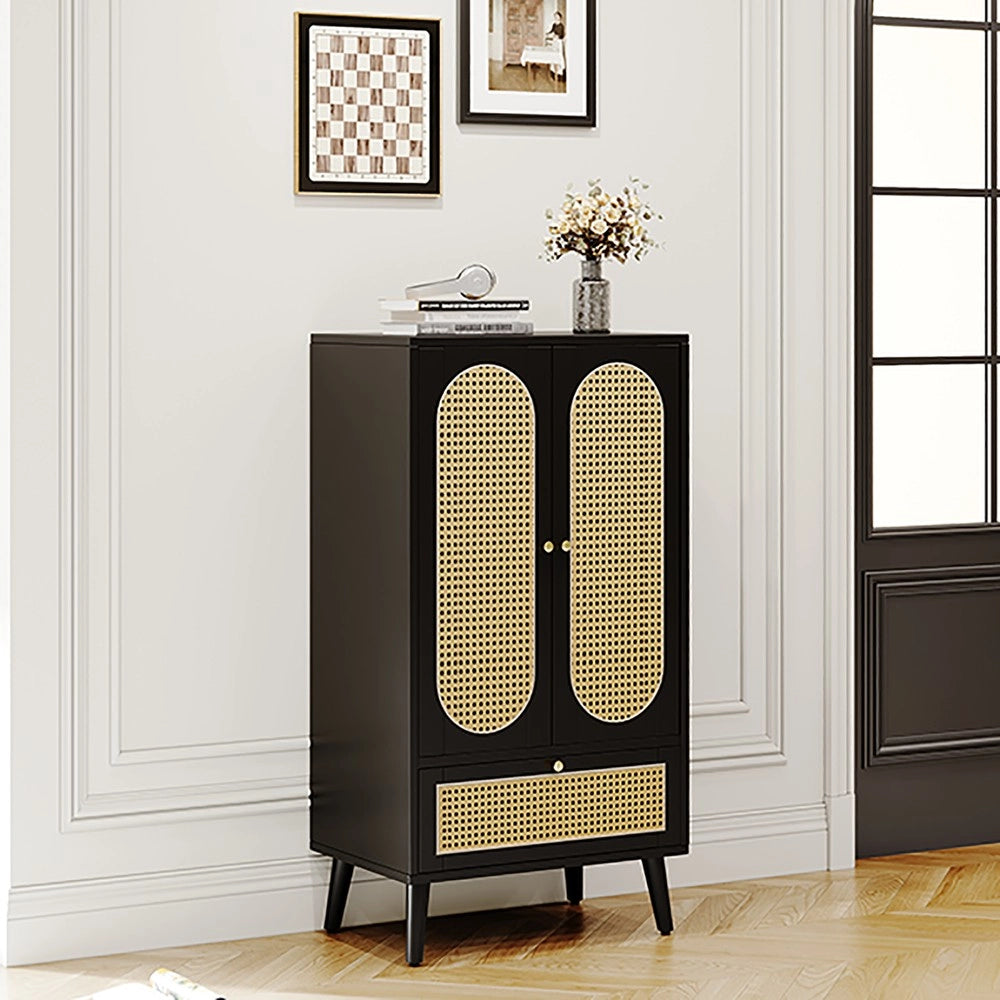 Consolle salvaspazio ¨C Minimal ¨C nero design rattan 110x40x120 cm 2 ante 1 cassetto