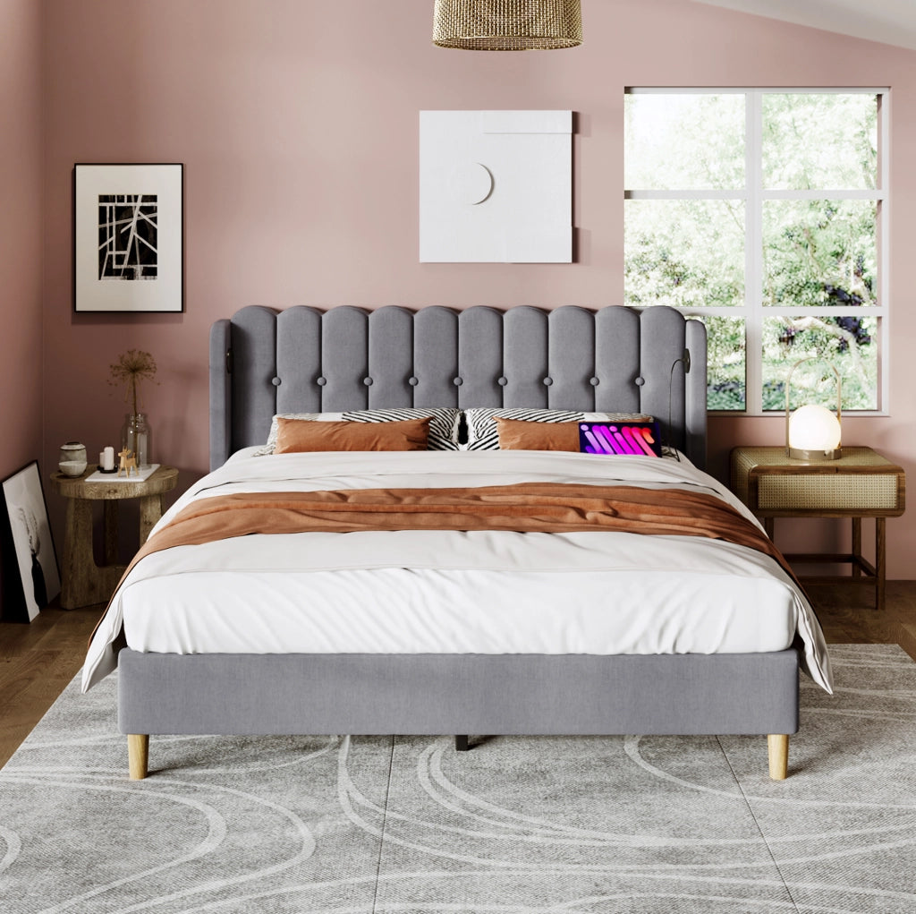 Letto matrimoniale imbottito grigio 160x200 cm con USB e Type-C