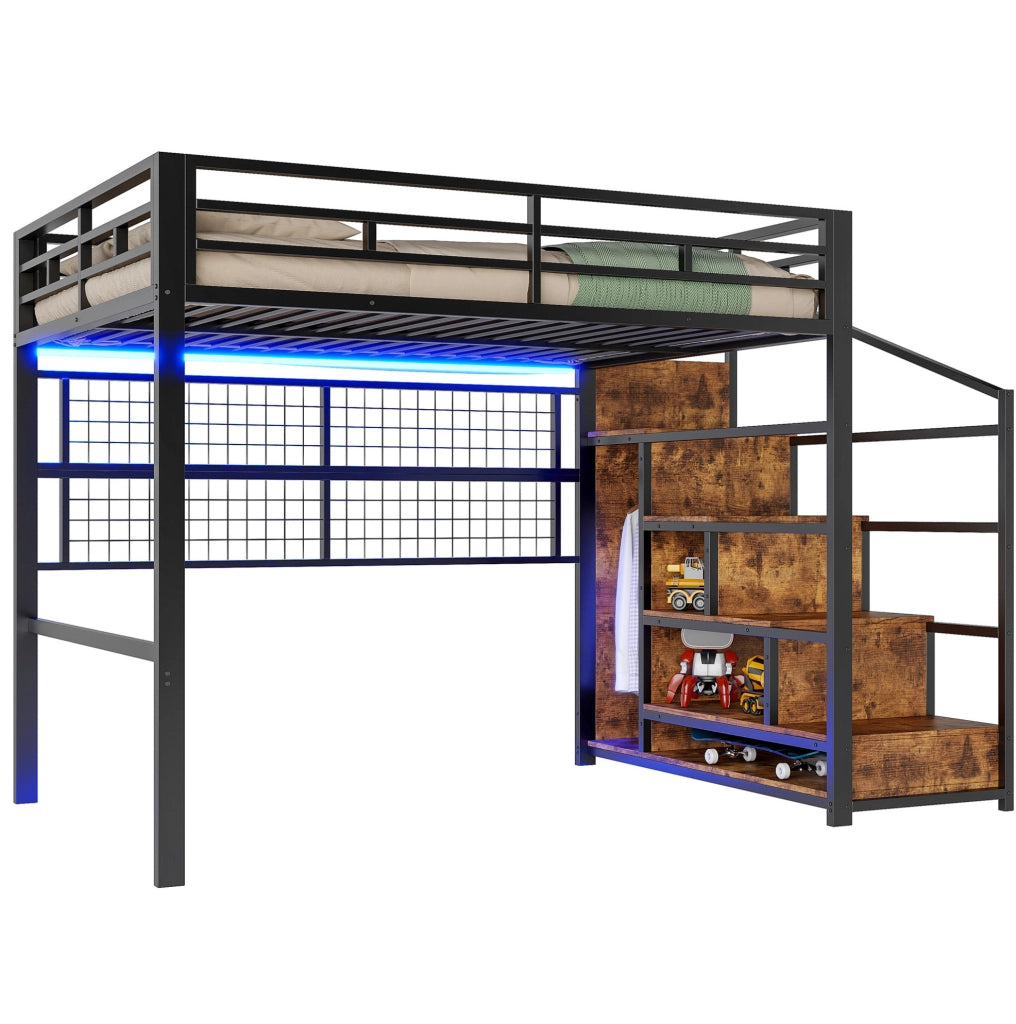 Letto a soppalco in metallo 140x200 cm con scala-armadio e LED