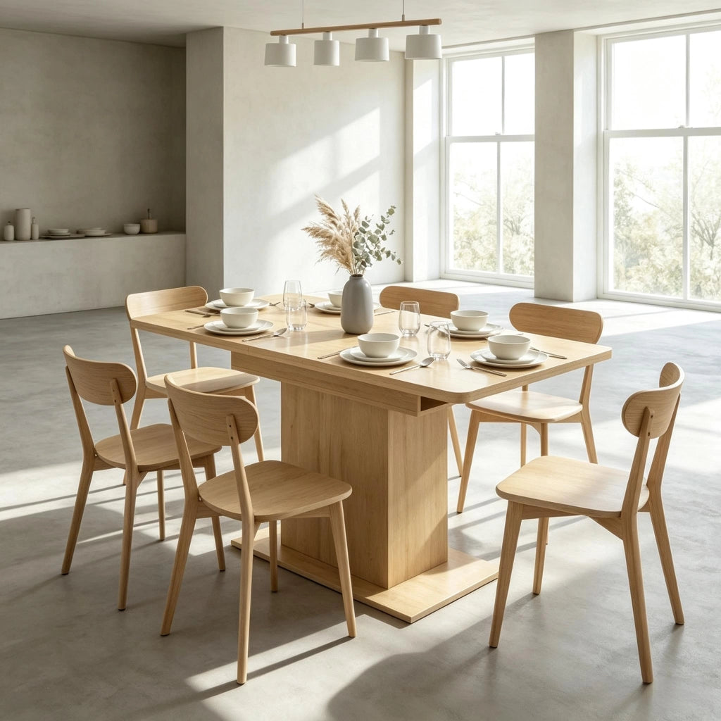 Tavolo da pranzo allungabile per 4-6 persone con 6 ripiani e vano interno per cucina, in MDF effetto legno naturale