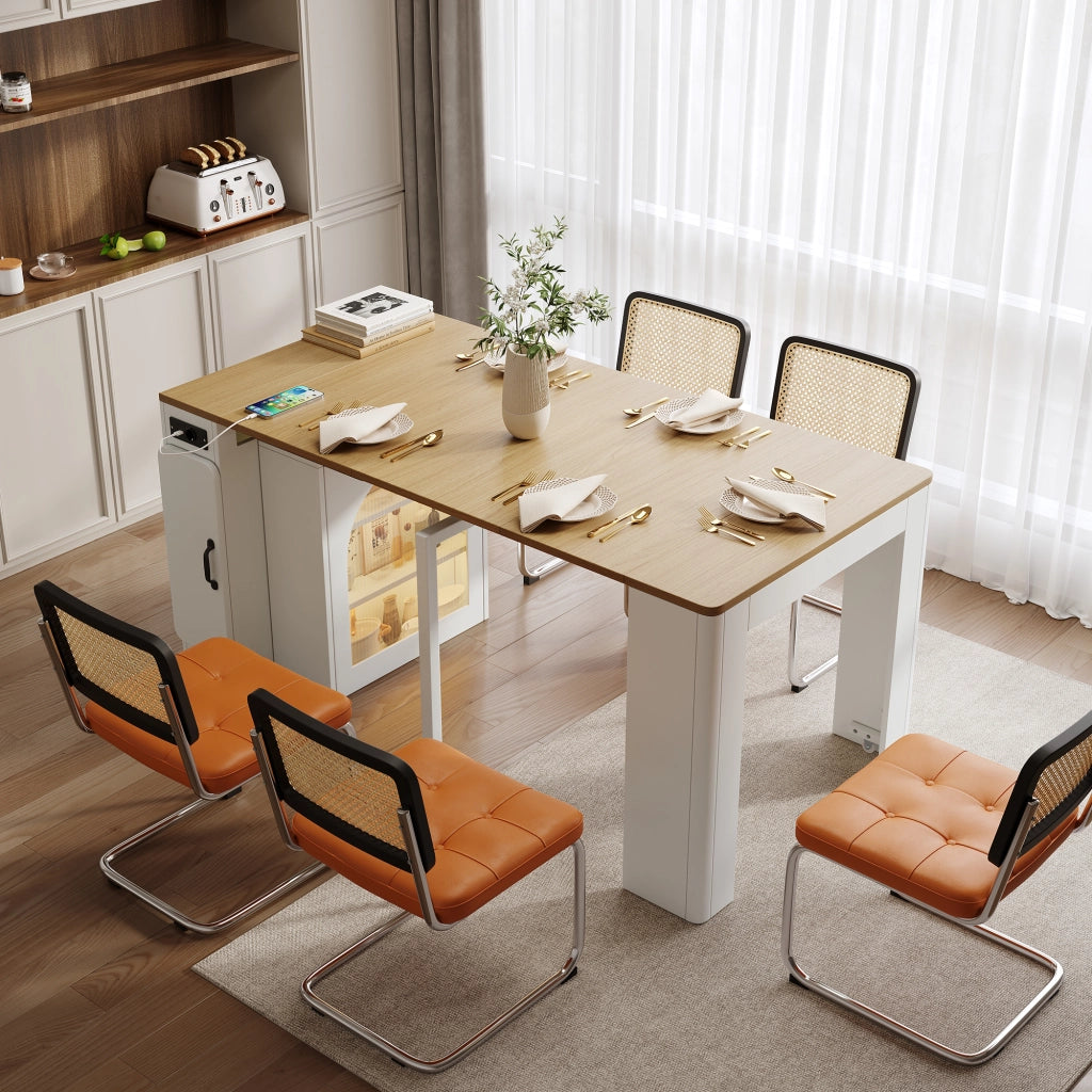 Tavolo allungabile con tre piani; ruote nascoste; prese USB e Type-C; MDF; naturale e bianco