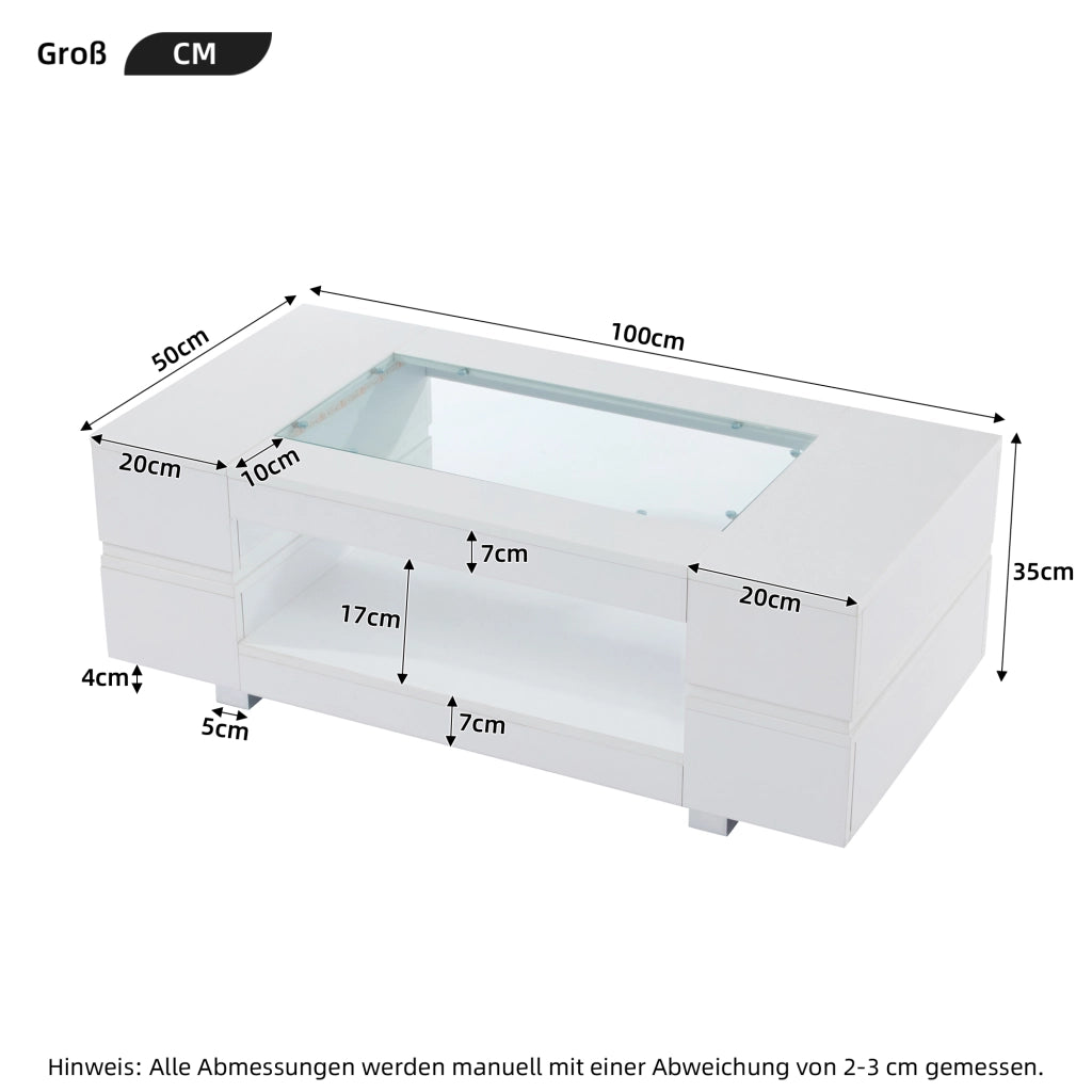Tavolino basso fisso LED con app e telecomando; doppio ripiano; piano in vetro; bianco 100 × 50 × 35 cm