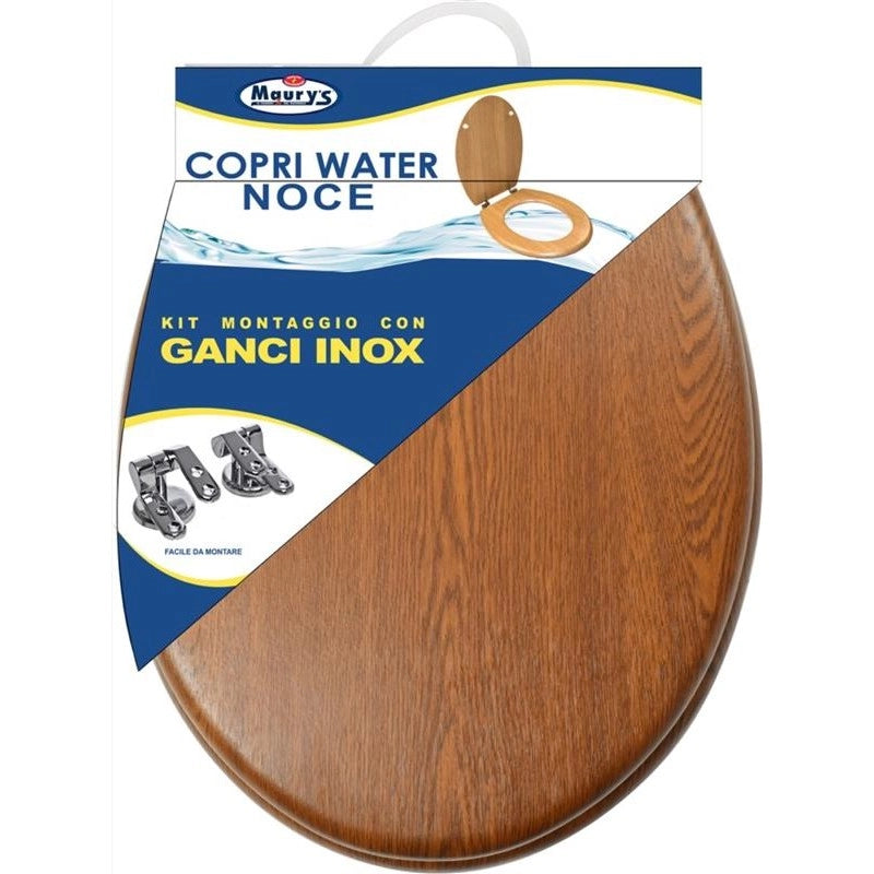 MAURY'S COPRI WATER WC COLORE LEGNO NOCE KIT DI MONTAGGIO CON GANCI INOX EXTRA RESISTENTE