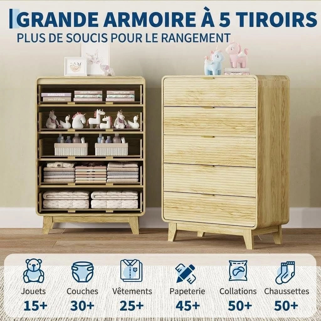Cassettiera Alta Settimino 5 Cassetti Effetto Rovere Chiaro Scanalato con Maniglie Oro 81x41x117cm