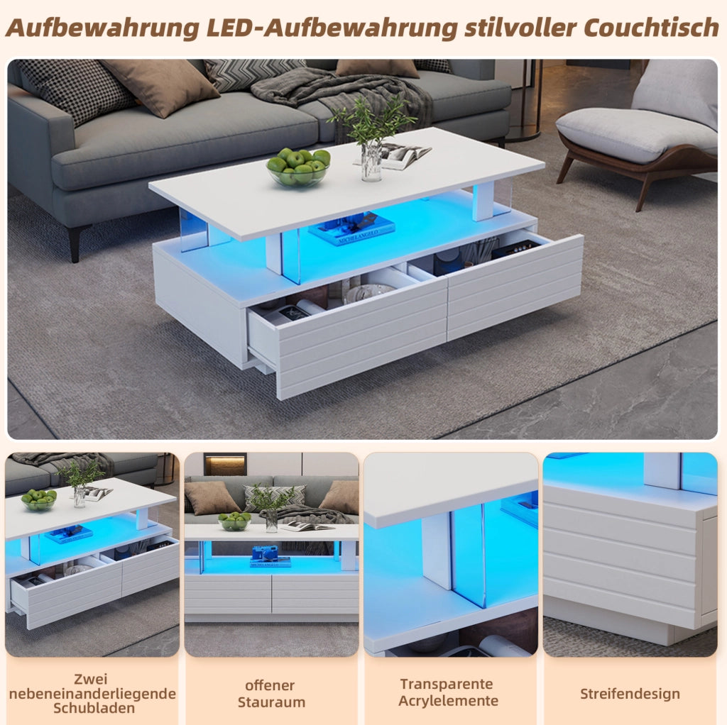 Tavolino da salotto LED bianco con contenitore e cassetti