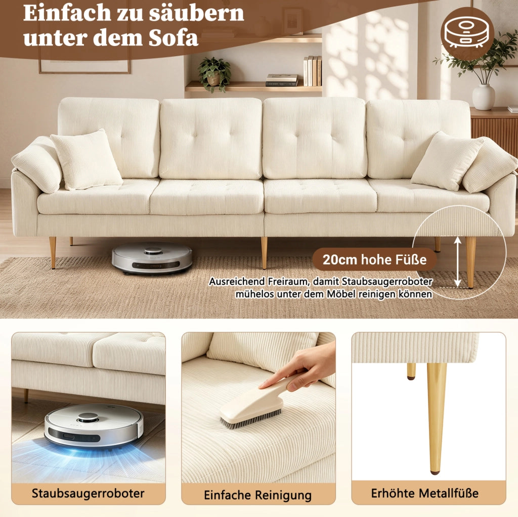 Divano 4 posti moderno in tessuto vellutato con pouf versatile, struttura in ferro da 20 cm, 250 cm, colore crema bianco