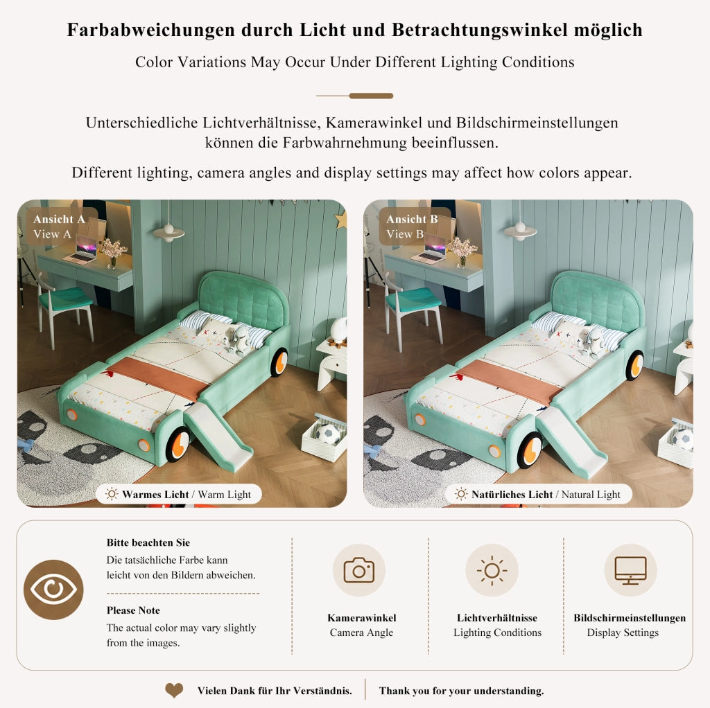 Letto per bambini a forma di auto con scivolo e scala 90x200 cm in velluto blu-verde