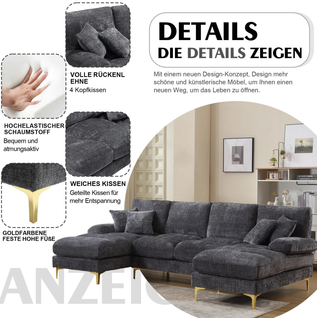 Divano modulare moderno a forma di U in chenille con doppie sedute reclinabili, struttura in legno e piedi in metallo dorato, 272x136x88 cm