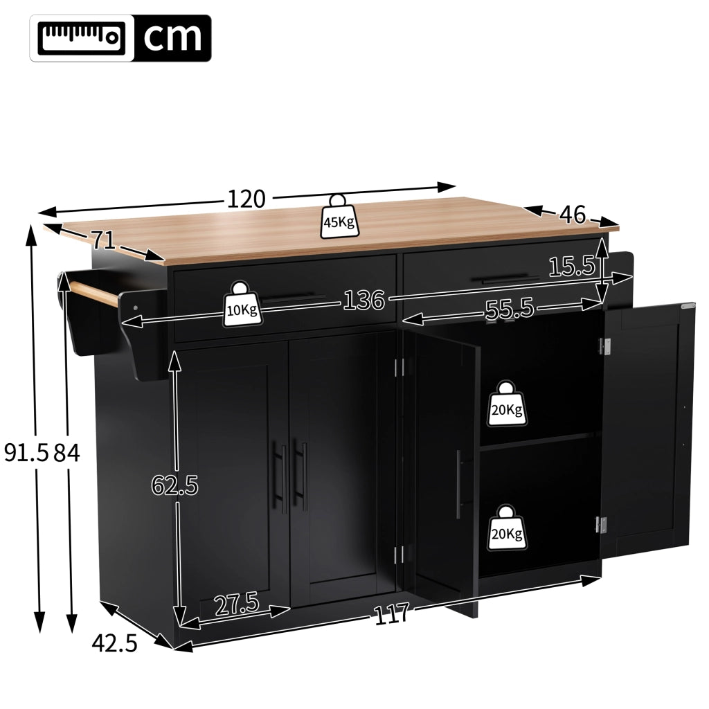 Carrello Isola Cucina 120x71x91;5 cm con Piano Pieghevole; Ruote; Porta-Asciugamani; Black+Natural