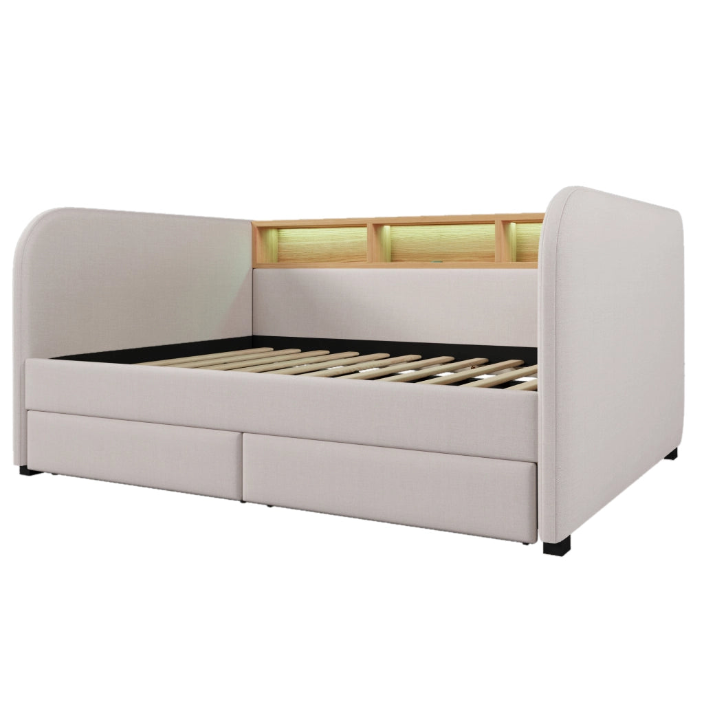 Letto con cassetti 140 × 190 cm con LED; USB e Type-C; testiera con ripiano; rivestito in lino beige chiaro