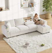 Divano letto angolare reversibile in ciniglia beige con tavolino; USB e Type-C