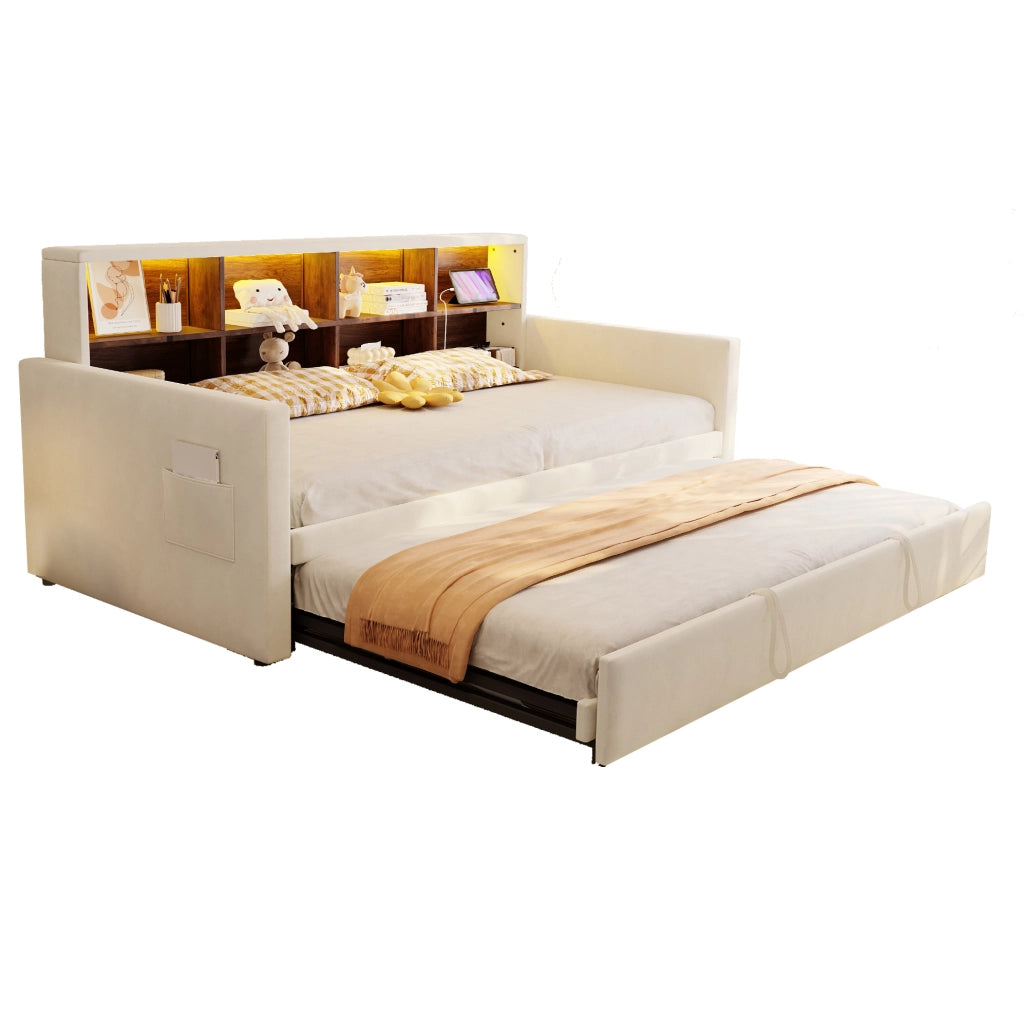 Polsterbett Schlafsofa 90x190 cm mit ausziehbarem Bett, integriertem Staufach, LED-Lichtleiste und Ladeanschlüssen, Samtbezug Beige