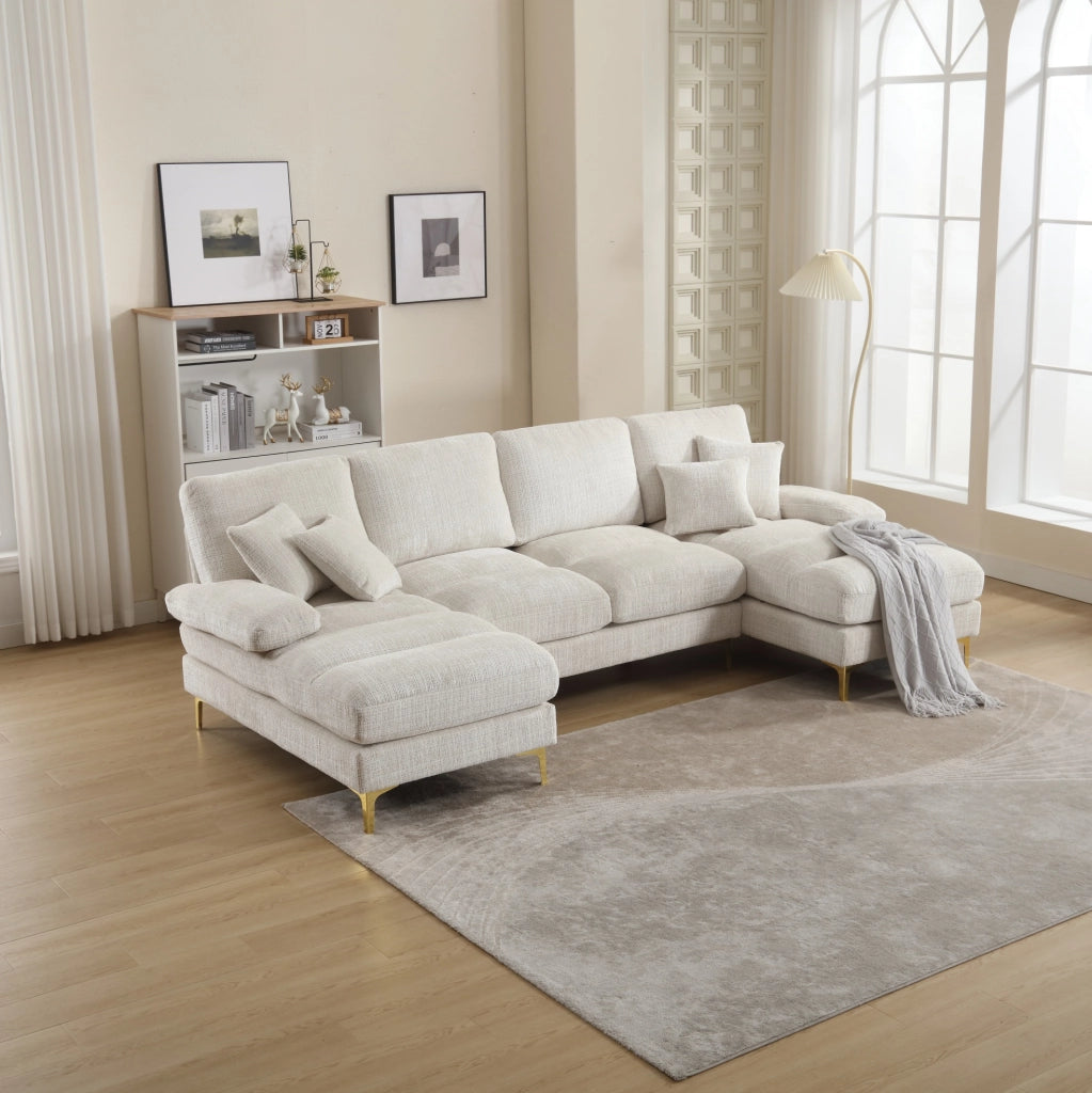 Divano modulare a sezioni Chenille a forma di U con doppi poggiatesta, struttura in legno, piedi in metallo oro, 272x136x88 cm
