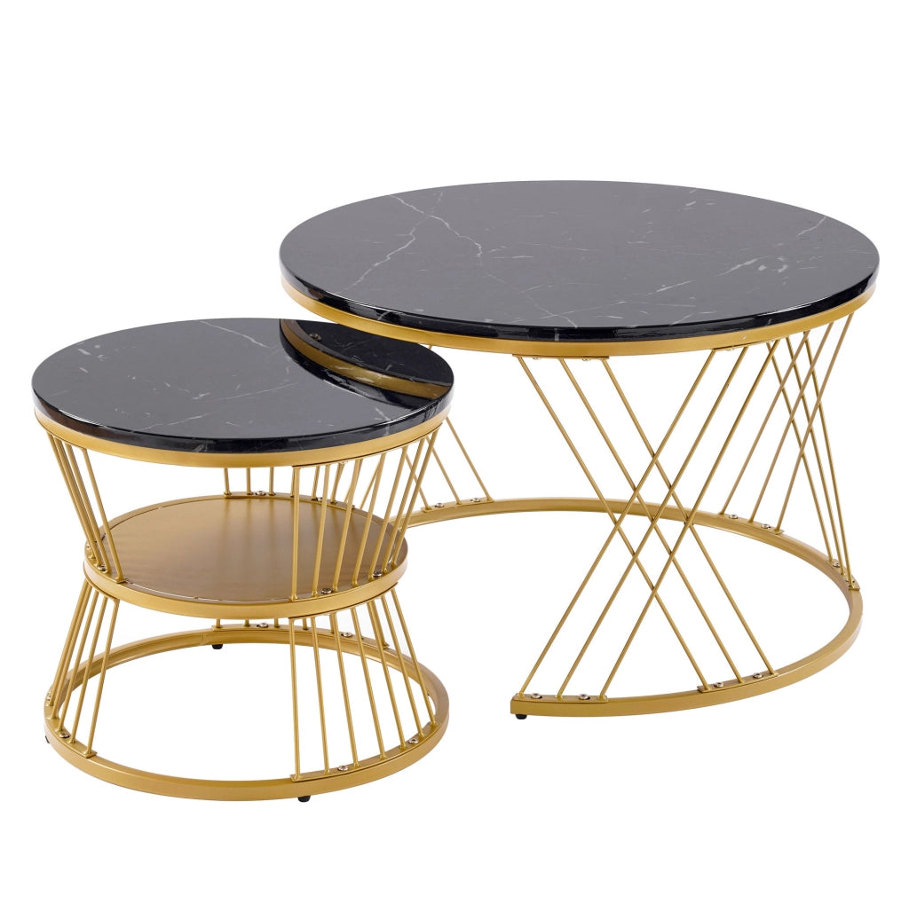 Set 2 tavolini da salotto rotondi a incastro 70 e 45 cm effetto marmo nero HOMVRA