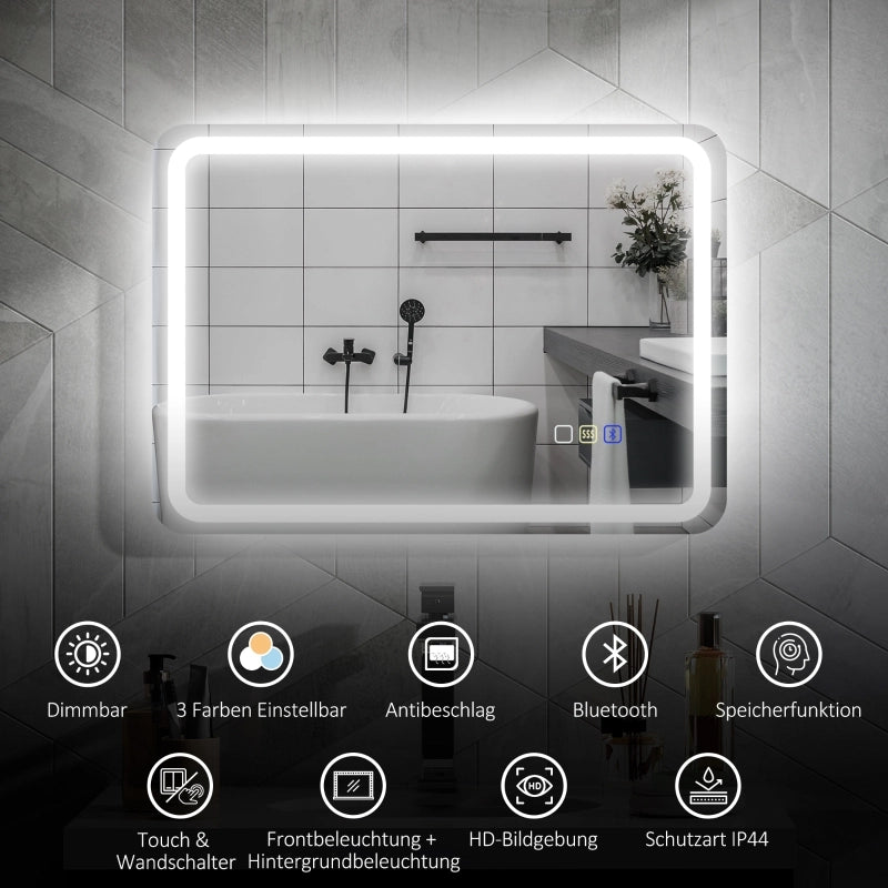 Specchio da bagno LED con Bluetooth; funzione antiappannamento; touch e memoria; vetro temperato; argento