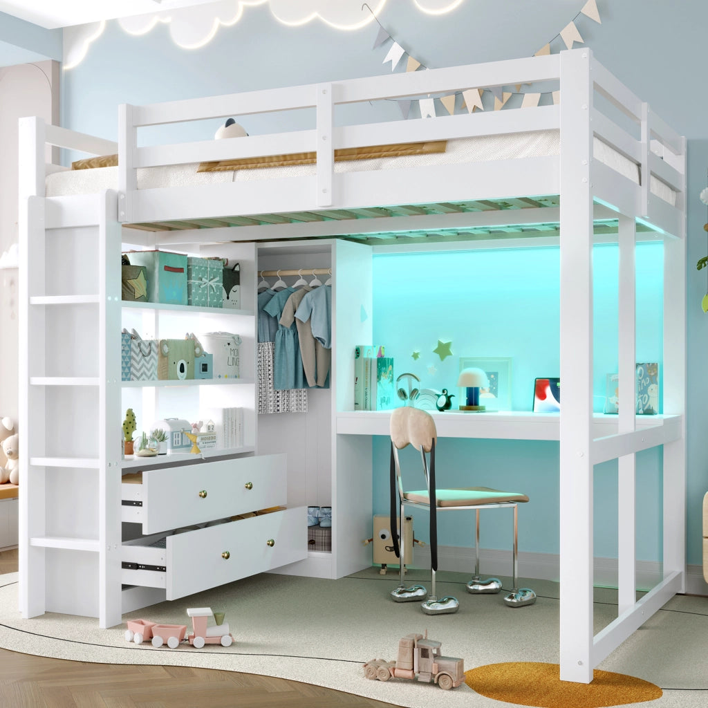 Letto a soppalco 140x200 con scrivania; LED; USB e contenitori; bianco