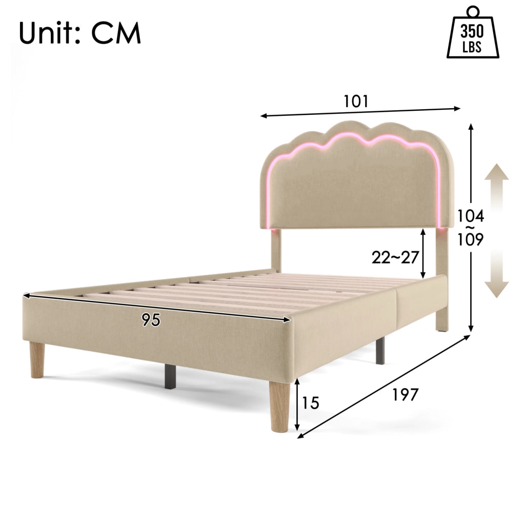 Letto imbottito 90x190 cm con testiera LED regolabile in lino beige