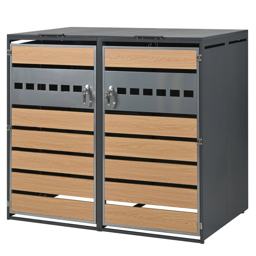 Contenitore per bidoni con coperchio a ribalta idraulico, struttura in acciaio zincato, porte chiudibili a chiave, design elegante con pannelli traforati orizzontalmente