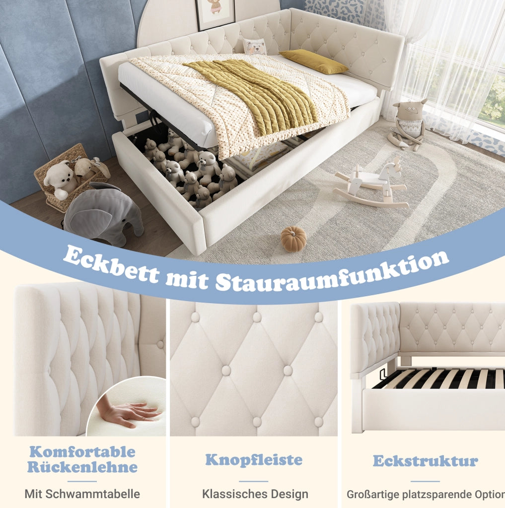 Divano letto 90x200 cm con contenitore idraulico; velluto beige; senza materasso