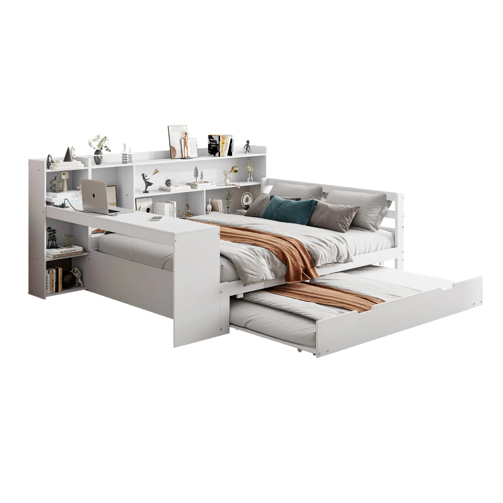 Letto con letto estraibile 140 × 200 cm con scrivania; ripiani; vani e prese USB in legno bianco