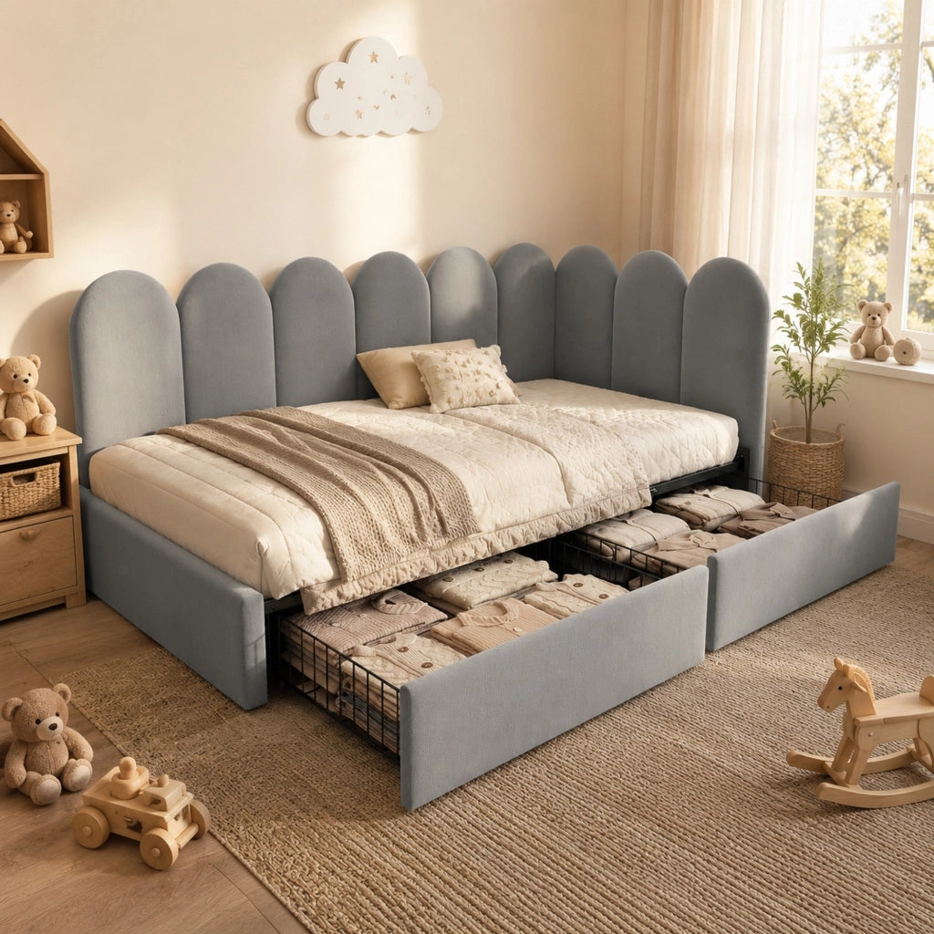 Letto imbottito con 2 cassetti, struttura L e rivestimento in velluto grigio 90x190 cm