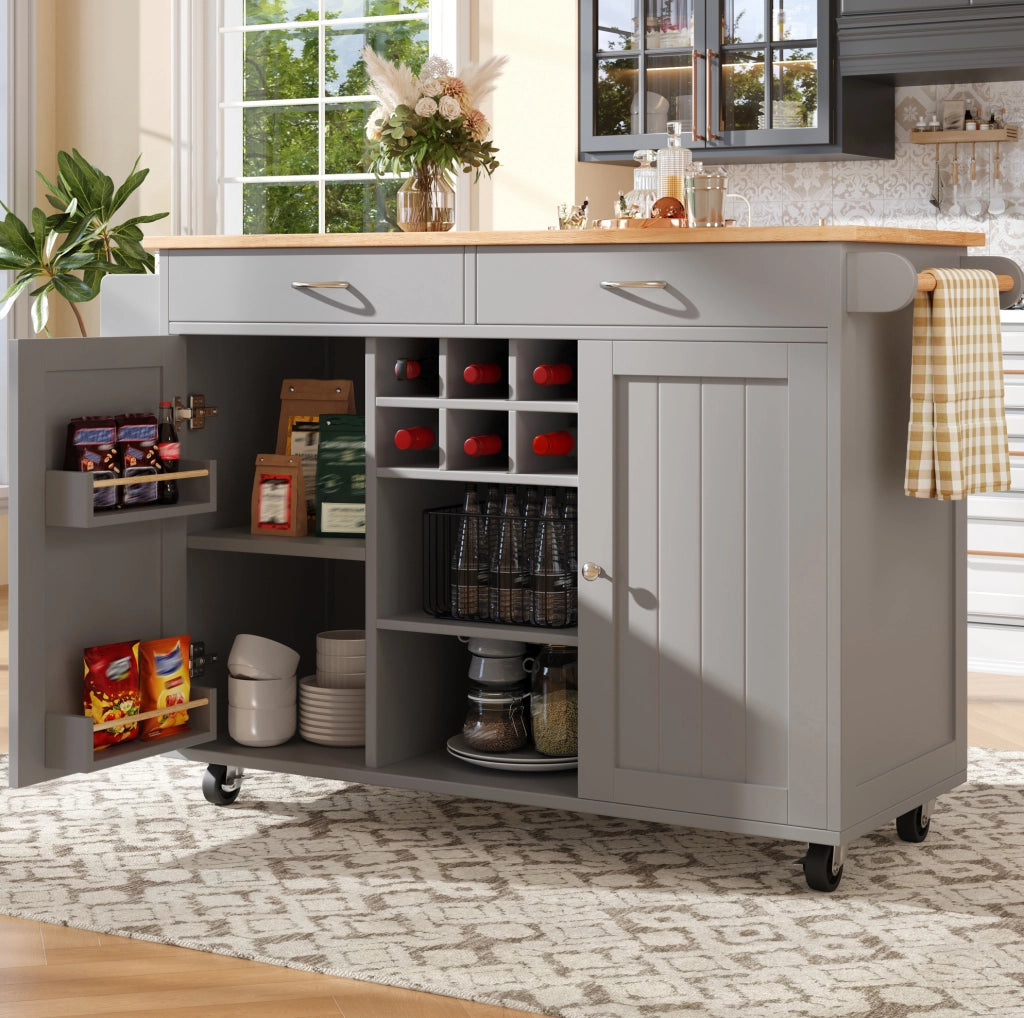 Isola da cucina con ruote e portabottiglie 102x45x92 cm in MDF e metallo grigio