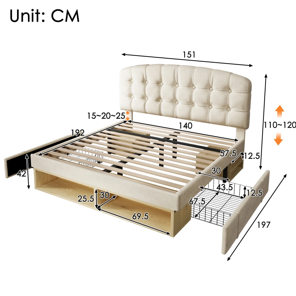 Letto imbottito 140x190 cm in velluto beige con testiera regolabile e cassetti