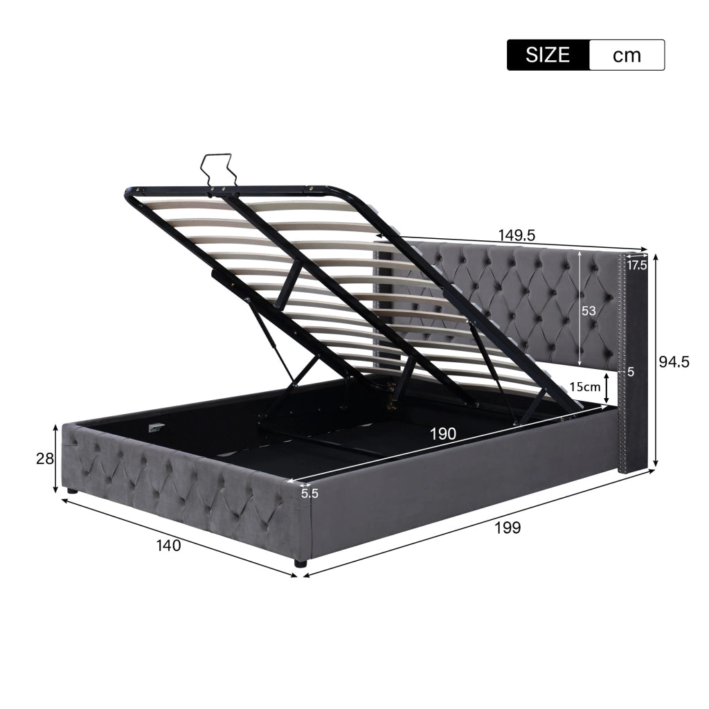 Letto matrimoniale contenitore 140 ¡Á 190 cm in velluto grigio con testiera capitonn¨¦ e rete a doghe
