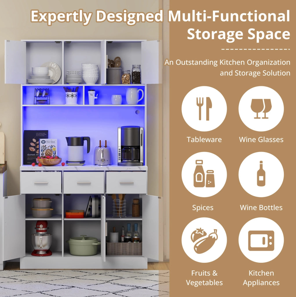 Buffet multifunzione bianco 100x40x180 cm con luci LED controllate tramite app, cassetti, ripiani regolabili e prese integrate