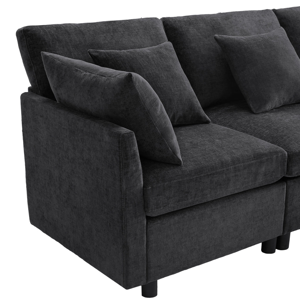 Divano modulare 278x161 cm in chenille grigio con 6 cuscini e pouf mobili